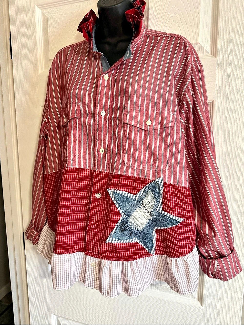 Upcycled Nautica Striped Ruffle Hem Top in Red & White Size Large